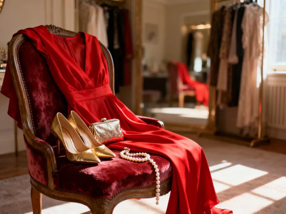Elegancka czerwona sukienka zestawiona ze złotymi szpilkami, kopertówką i perłową biżuterią na wesele.