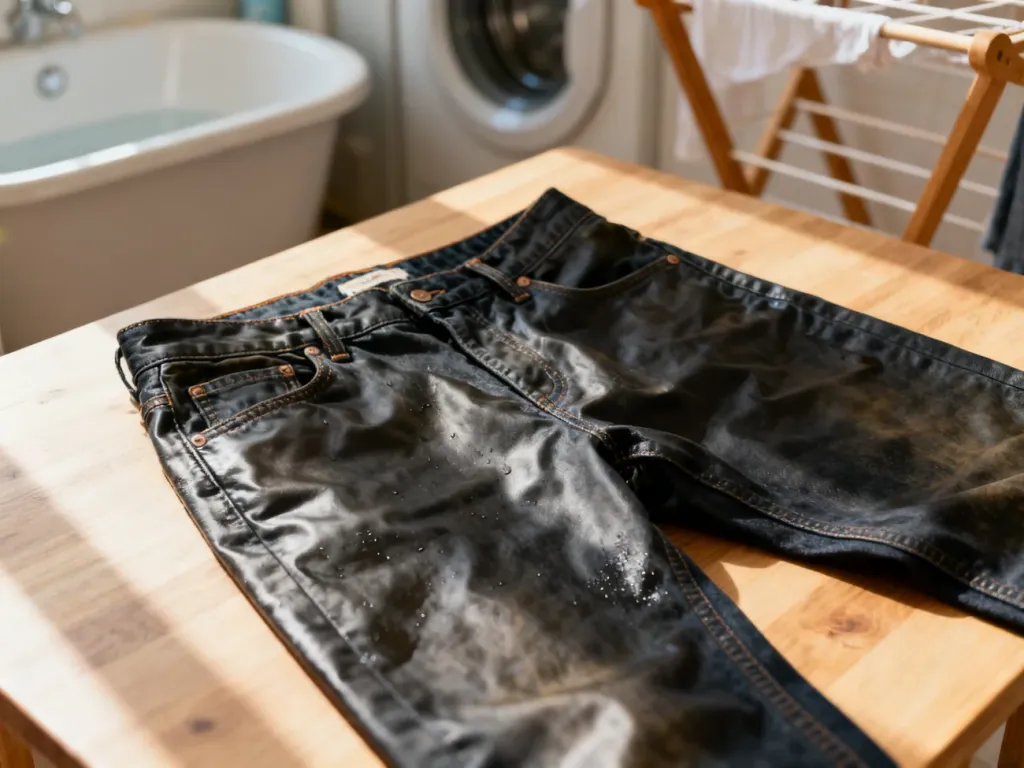Ciemne spodnie z woskowanego denimu leżące na drewnianym blacie, ukazujące charakterystyczną strukturę materiału.
