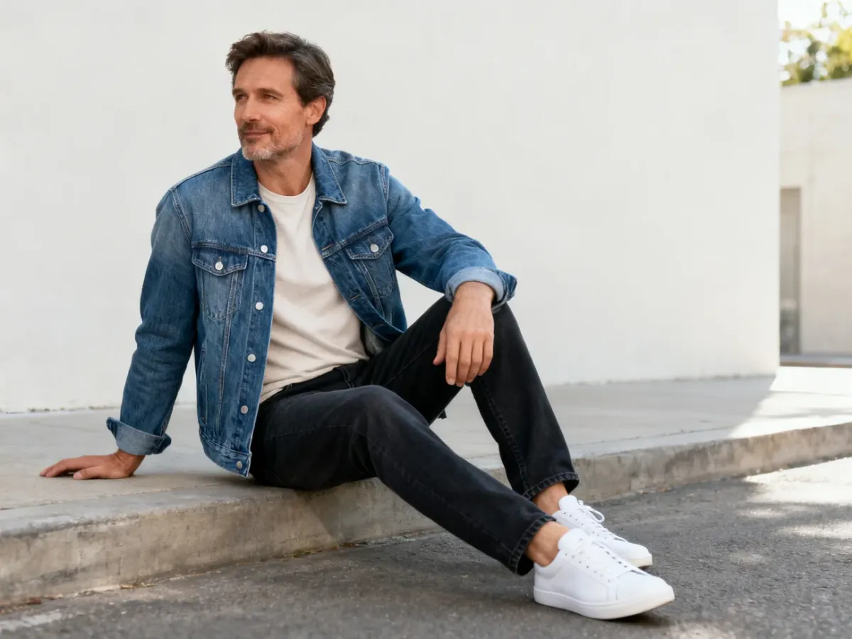 Mężczyzna w klasycznej niebieskiej kurtce jeansowej, jasnym T-shircie, ciemnych jeansach i białych sneakersach