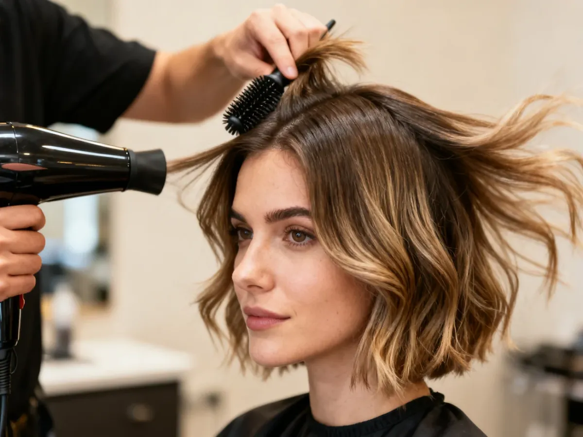 Modelowanie fryzury butterfly cut okrągłą szczotką i suszarką