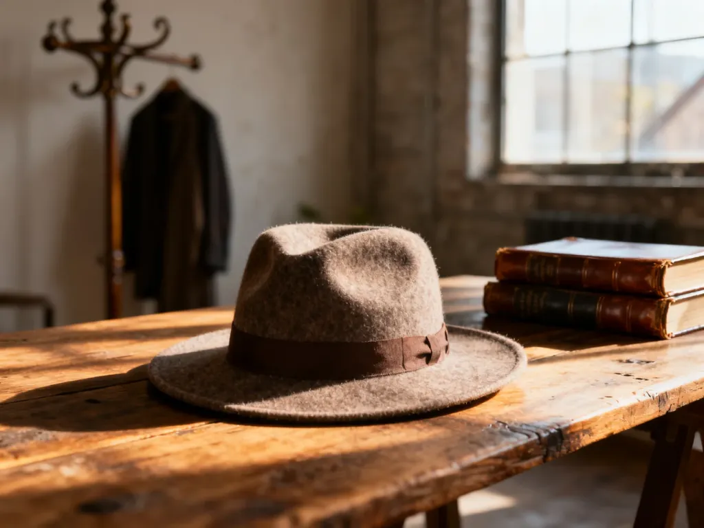 Stylowy filcowy kapelusz fedora na drewnianym stole w słonecznym wnętrzu, podkreślający ponadczasową elegancję.