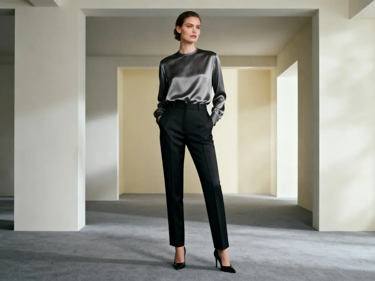 Stylizacja z eleganckimi spodniami tailored i satynową bluzką