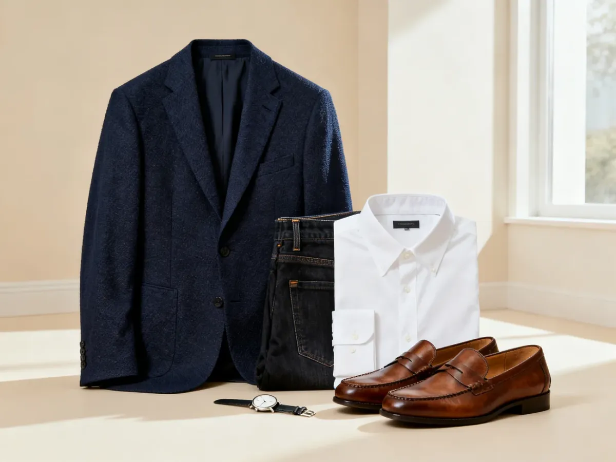 Dopracowana stylizacja smart casual z marynarką, ciemnymi jeansami i skórzanymi mokasynami