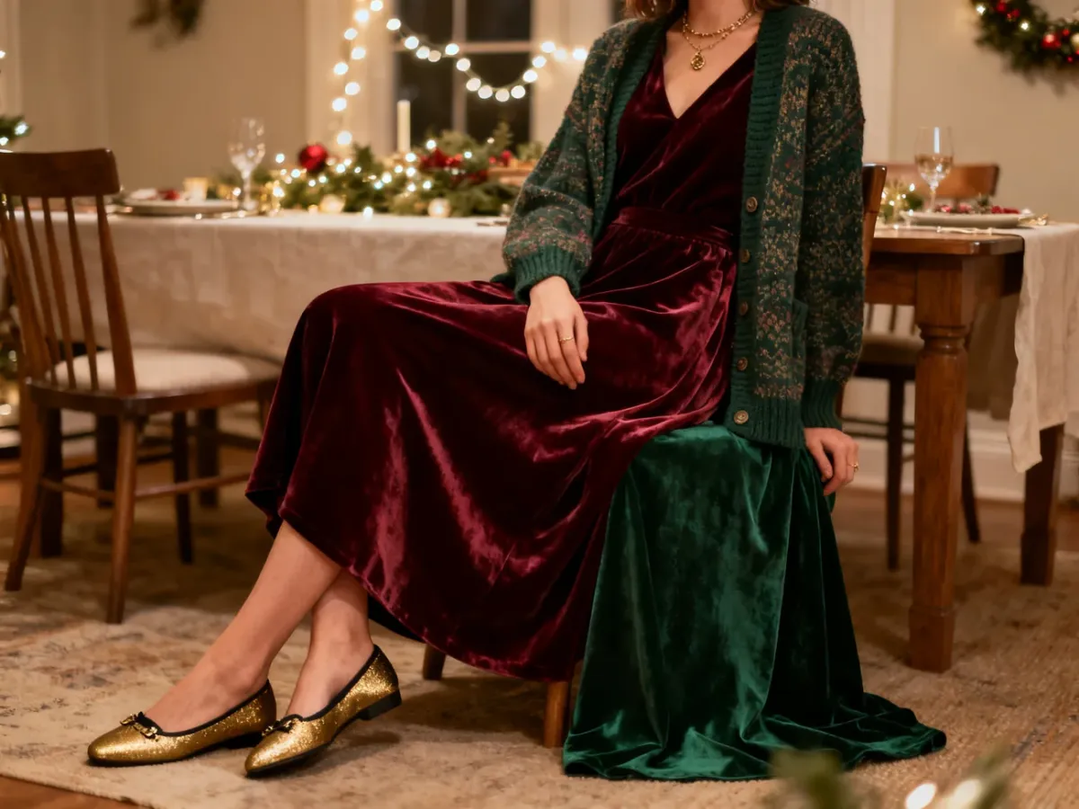 Elegancka i wygodna stylizacja na Wigilię w przytulnym wnętrzu