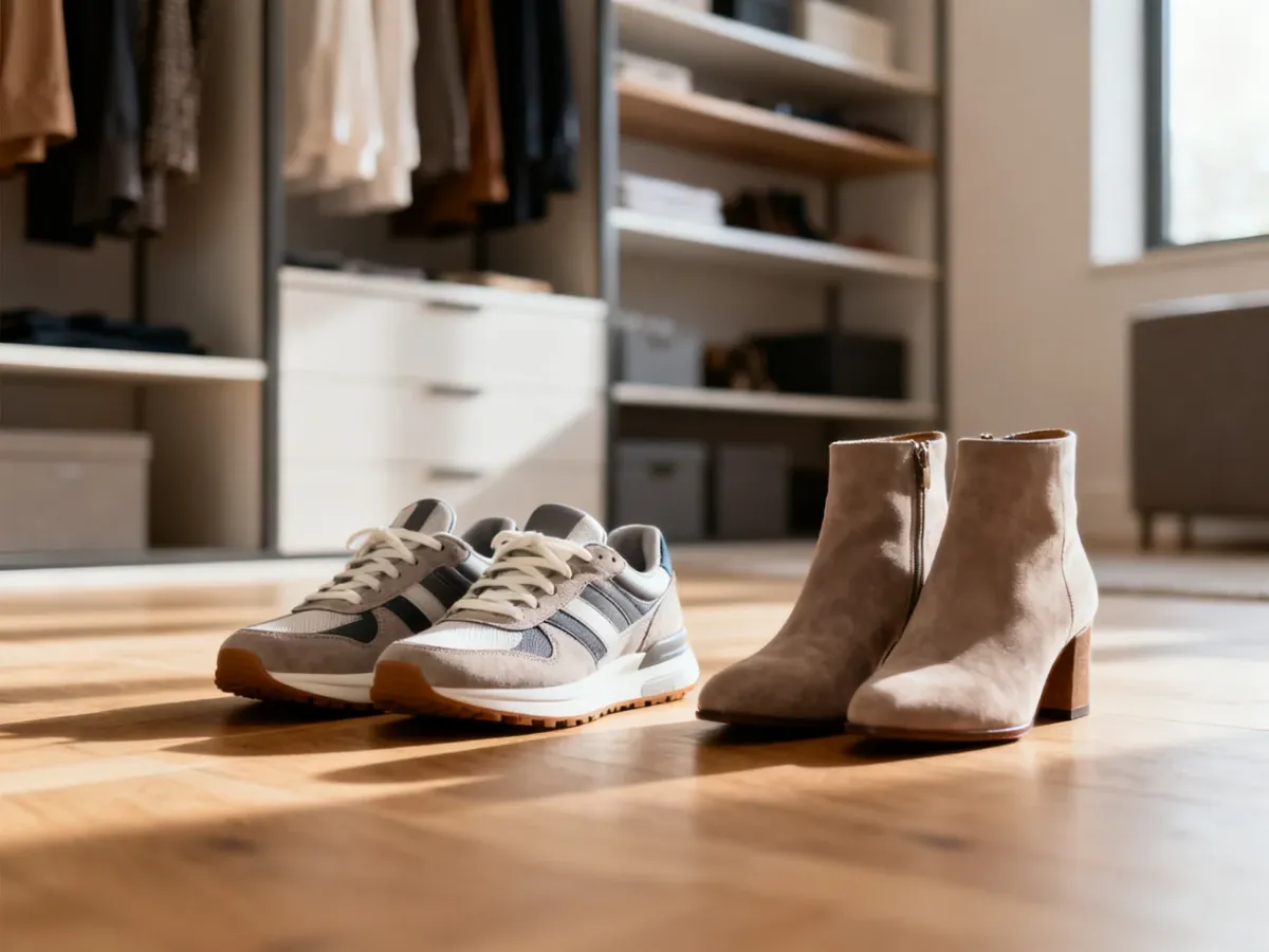 Modne sneakersy i eleganckie botki zestawione na drewnianej podłodze, idealne jako inspiracja do stylizacji z szerokimi spodniami.