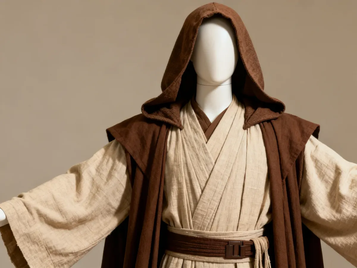 Pełny strój Jedi z beżową tuniką, brązową szatą i kapturem