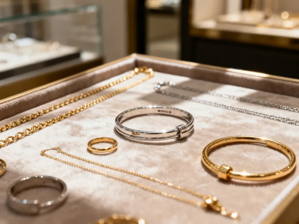 Eleganckie zestawienie złotych i srebrnych naszyjników, pierścionków oraz bransoletek ułożonych na aksamitnym materiale.