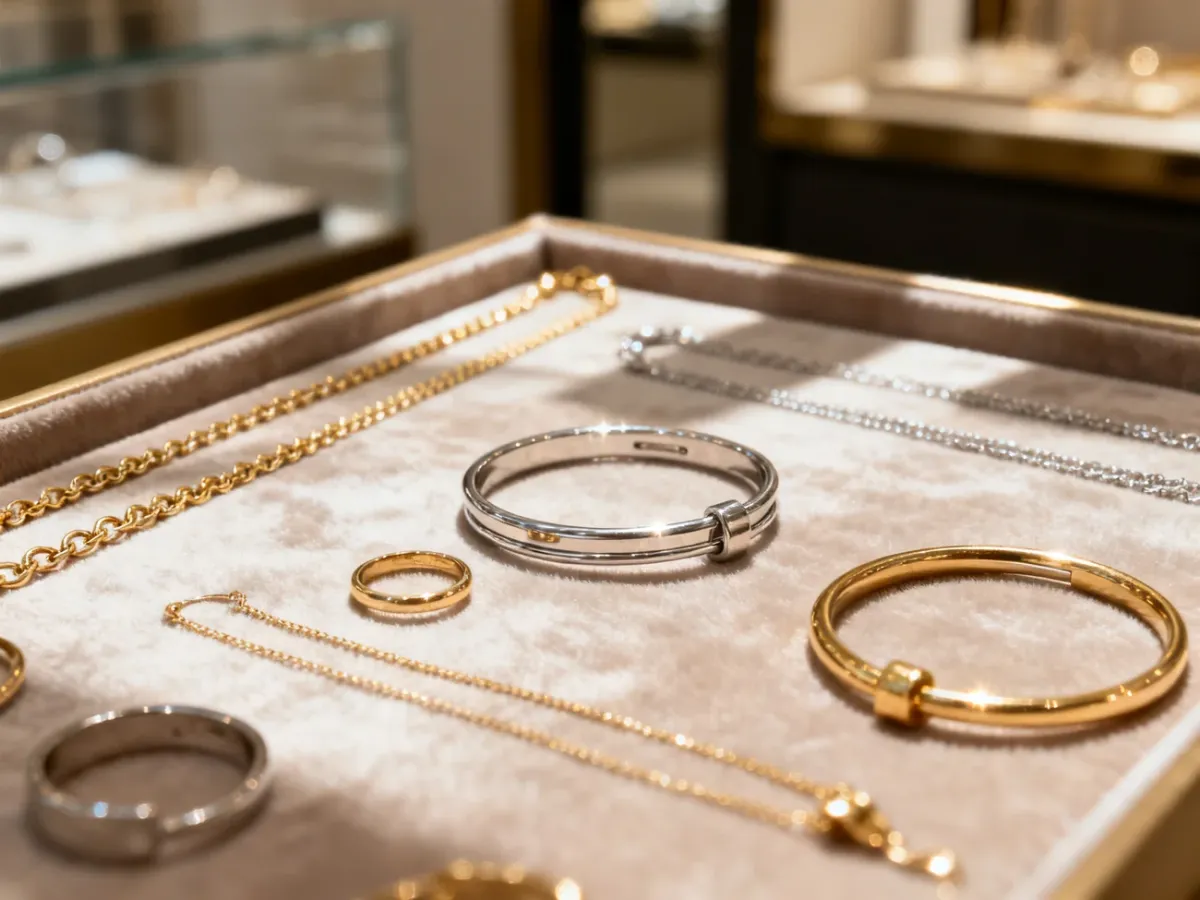Eleganckie zestawienie złotych i srebrnych naszyjników, pierścionków oraz bransoletek ułożonych na aksamitnym materiale.