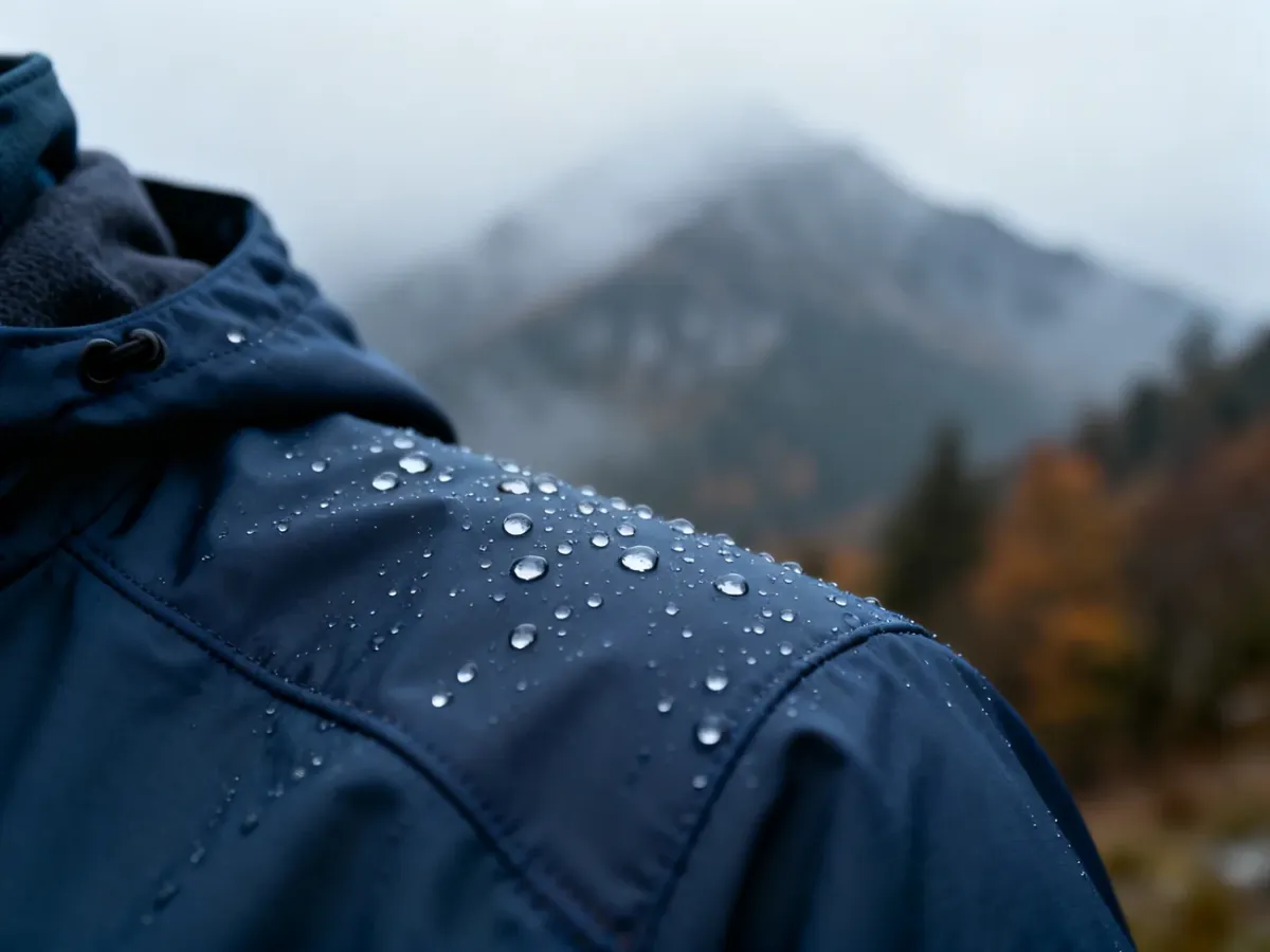 Zbliżenie na wodoodporną strukturę materiału softshell z kroplami wody na tle zamglonego, górskiego krajobrazu.