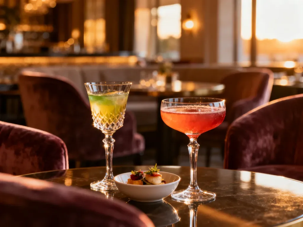 Elegancki stolik koktajlowy z drinkami i przekąskami w luksusowej restauracji, idealnie oddający klimat stylu cocktail attire.