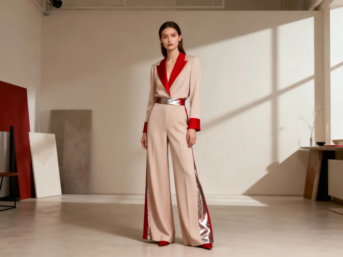 Modelka w modnych szerokich spodniach palazzo w eleganckiej stylizacji