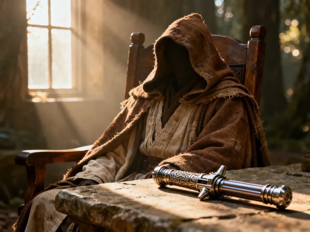Brązowy płaszcz Jedi i rękojeść miecza świetlnego na drewnianym stole w świetle poranka, gotowe do przygotowania stroju.
