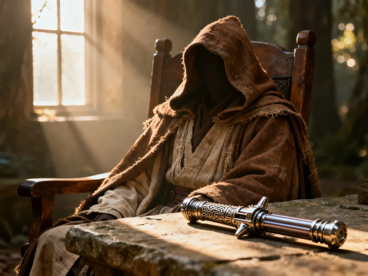 Brązowy płaszcz Jedi i rękojeść miecza świetlnego na drewnianym stole w świetle poranka, gotowe do przygotowania stroju.