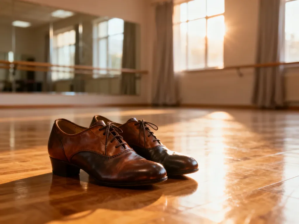 Profesjonalne skórzane buty do tańca na parkiecie w słonecznej sali tanecznej z lustrami.