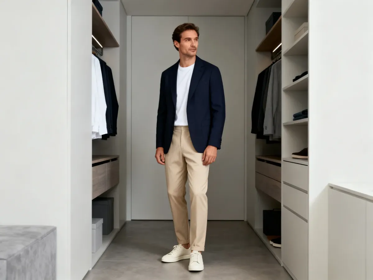 Mężczyzna w stylizacji smart casual z granatową marynarką, białym T-shirtem i beżowymi chinosami