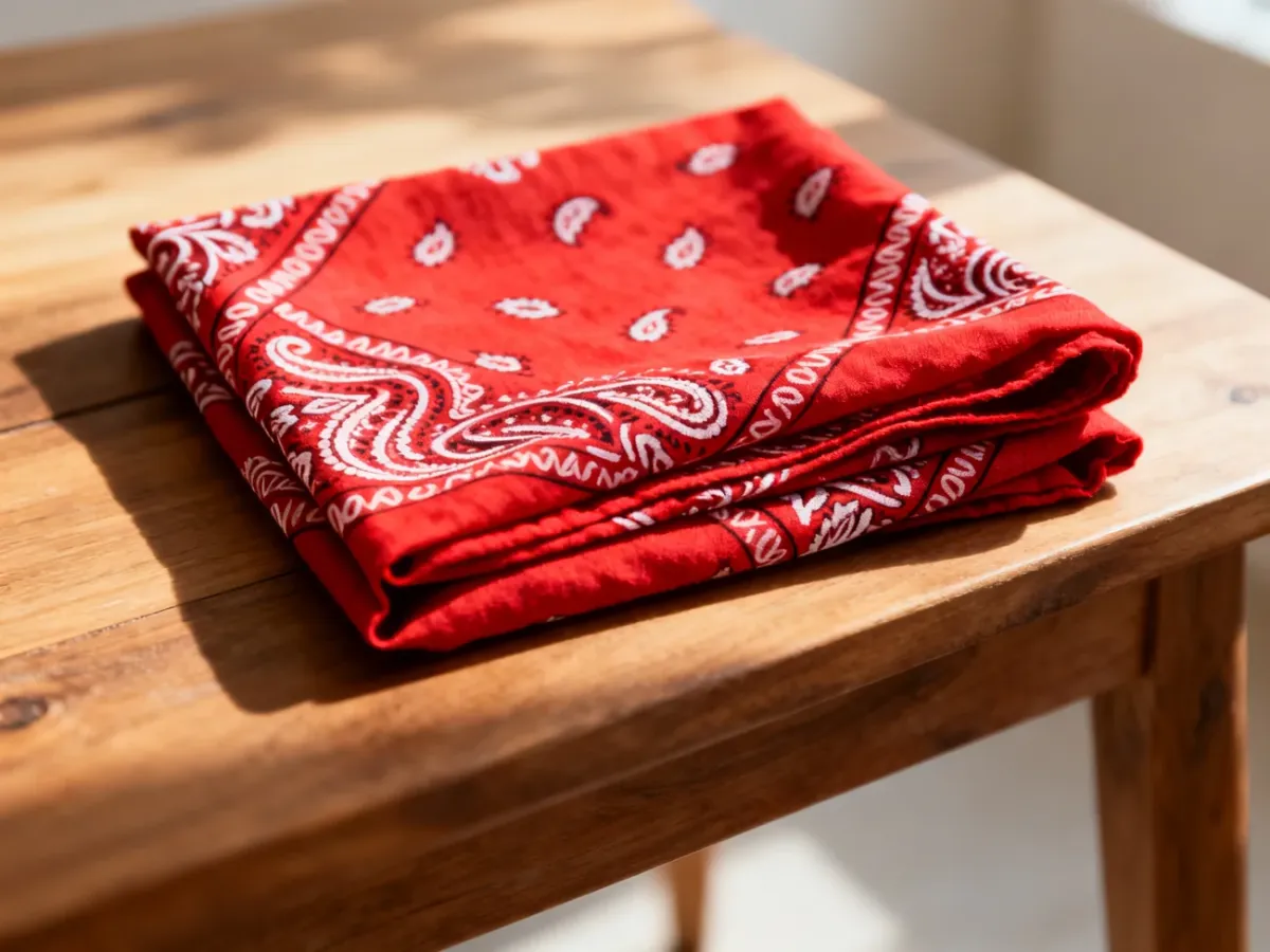 Czerwona bawełniana bandana w klasyczny wzór paisley leżąca na drewnianym stole.