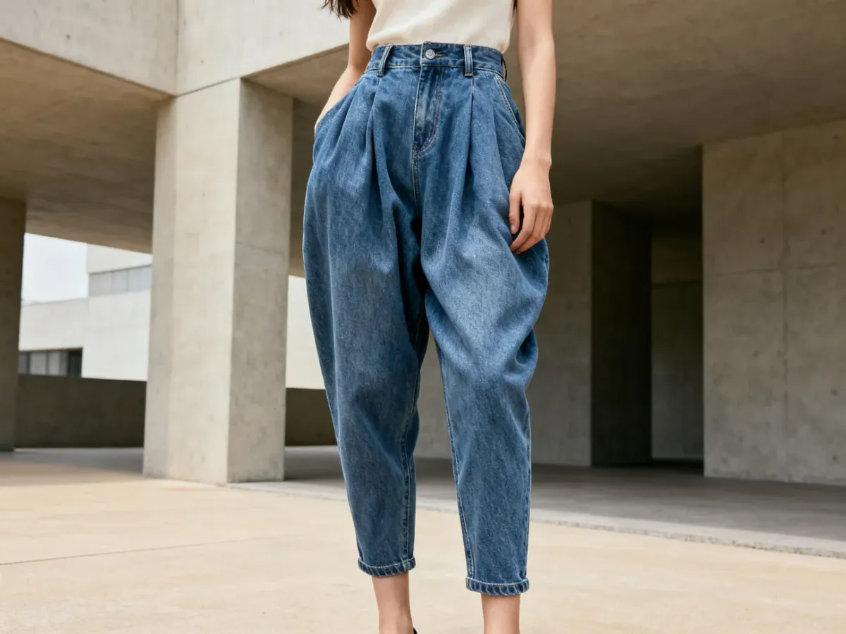 Kobieta w jeansach slouchy o luźnym kroju i zwężanych nogawkach
