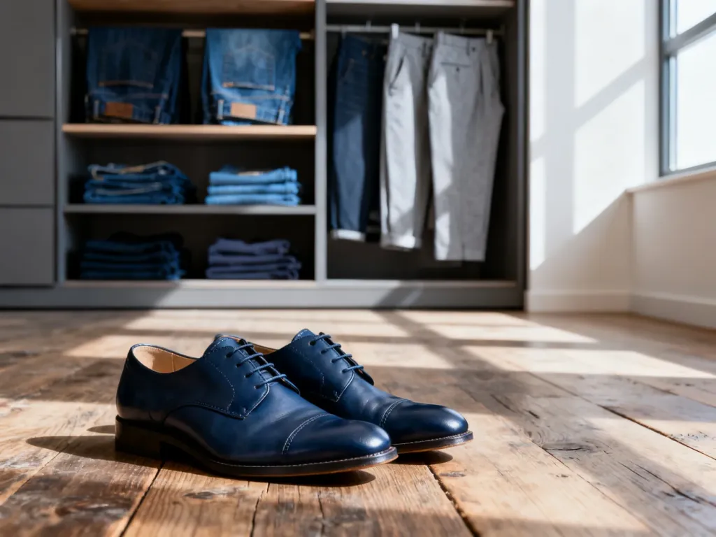 Stylowe granatowe buty męskie na drewnianym tle, zestawione z eleganckimi spodniami w garderobie.