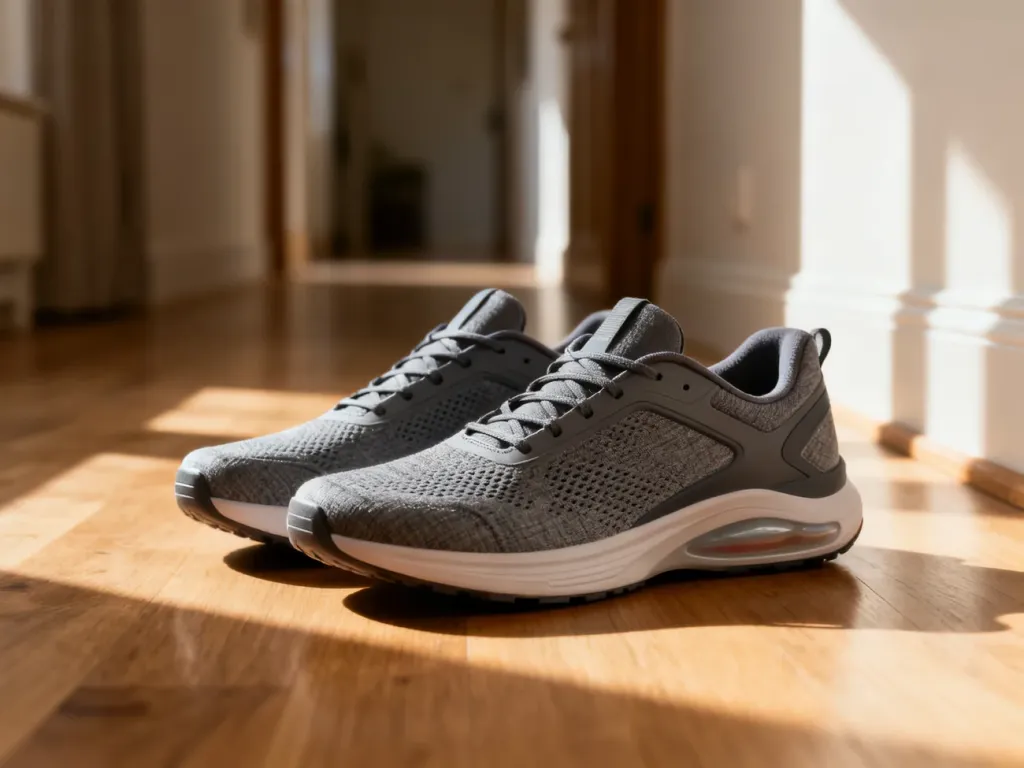 Nowoczesne, ergonomiczne męskie buty do chodzenia z oddychającą cholewką i amortyzowaną podeszwą na drewnianej podłodze.