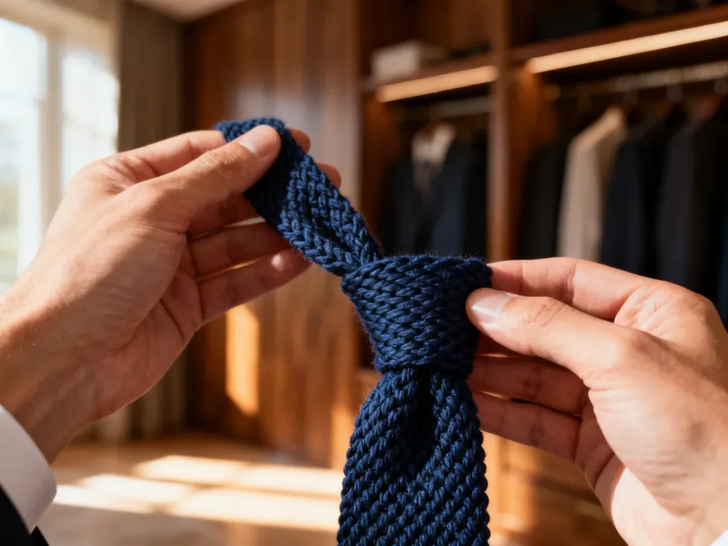 Zbliżenie na dłonie wiążące granatowy krawat typu knit, ukazujące jego charakterystyczną, plecioną fakturę.