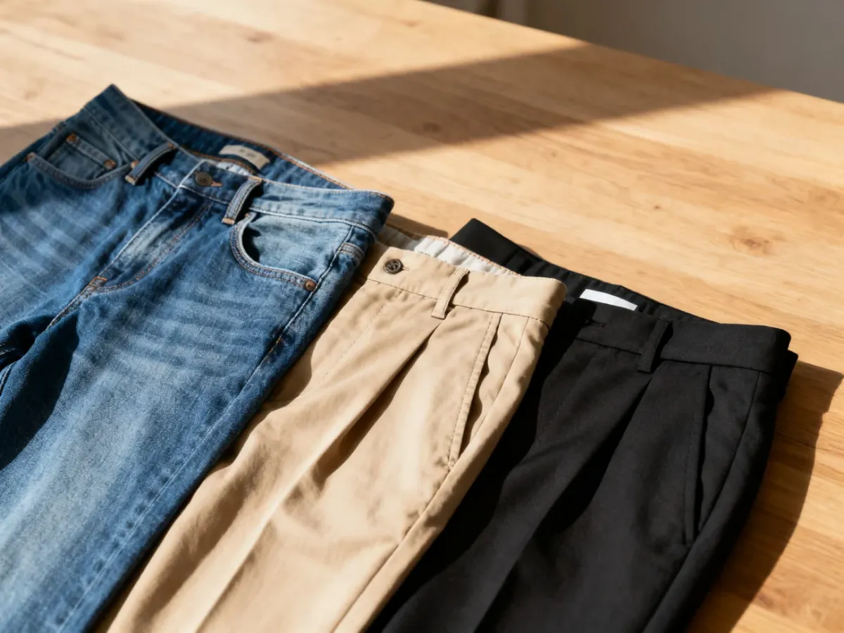Zestawienie klasycznych modeli spodni: jeansów, chinosów i eleganckich spodni w neutralnych kolorach na drewnianym tle.