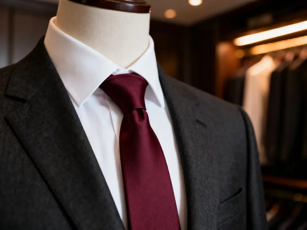 Bordowy krawat z jedwabiu zestawiony z białą koszulą i ciemną marynarką, tworzący elegancką i profesjonalną stylizację.