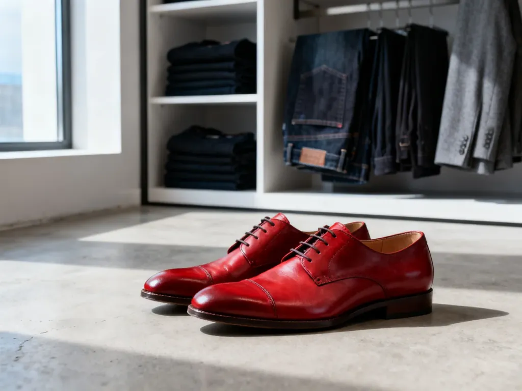 Eleganckie czerwone skórzane buty męskie na betonowym tle, zestawione z uporządkowaną garderobą w tle.