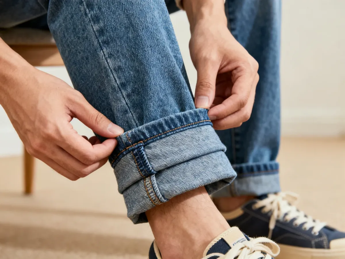 Równe klasyczne podwinięcie nogawki jeansów
