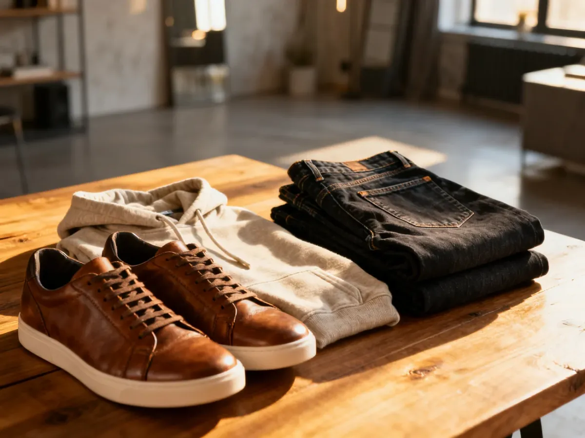 Zestawienie męskiej odzieży typu casual: skórzane sneakersy, bawełniana bluza i jeansy na drewnianym stole.