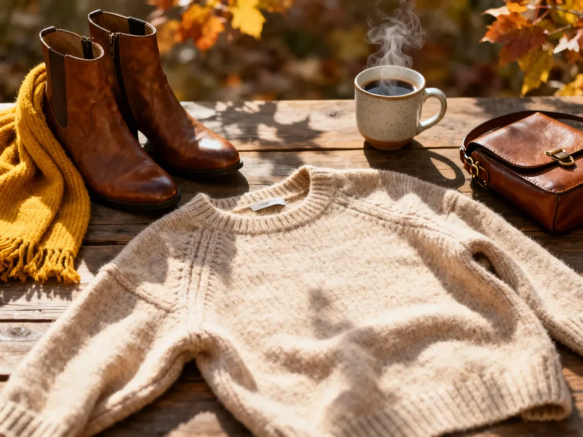 Jesienne stylizacje: beżowy sweter, skórzane botki, musztardowy szal i torebka na drewnianym tle z kubkiem kawy.