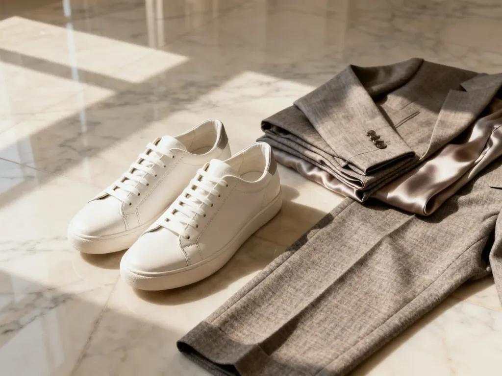 Białe skórzane sneakersy zestawione z eleganckimi spodniami i marynarką na marmurowej podłodze w minimalistycznym stylu.