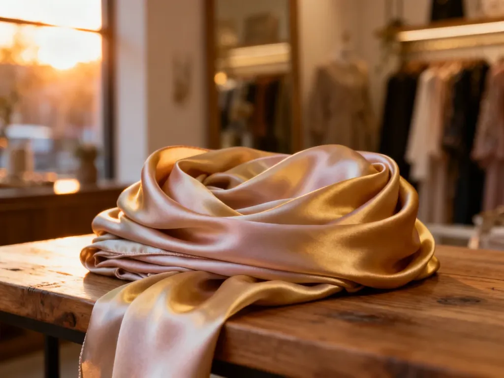 Elegancki, jedwabny hijab w pastelowych odcieniach ułożony na drewnianym blacie w przytulnym wnętrzu butiku.