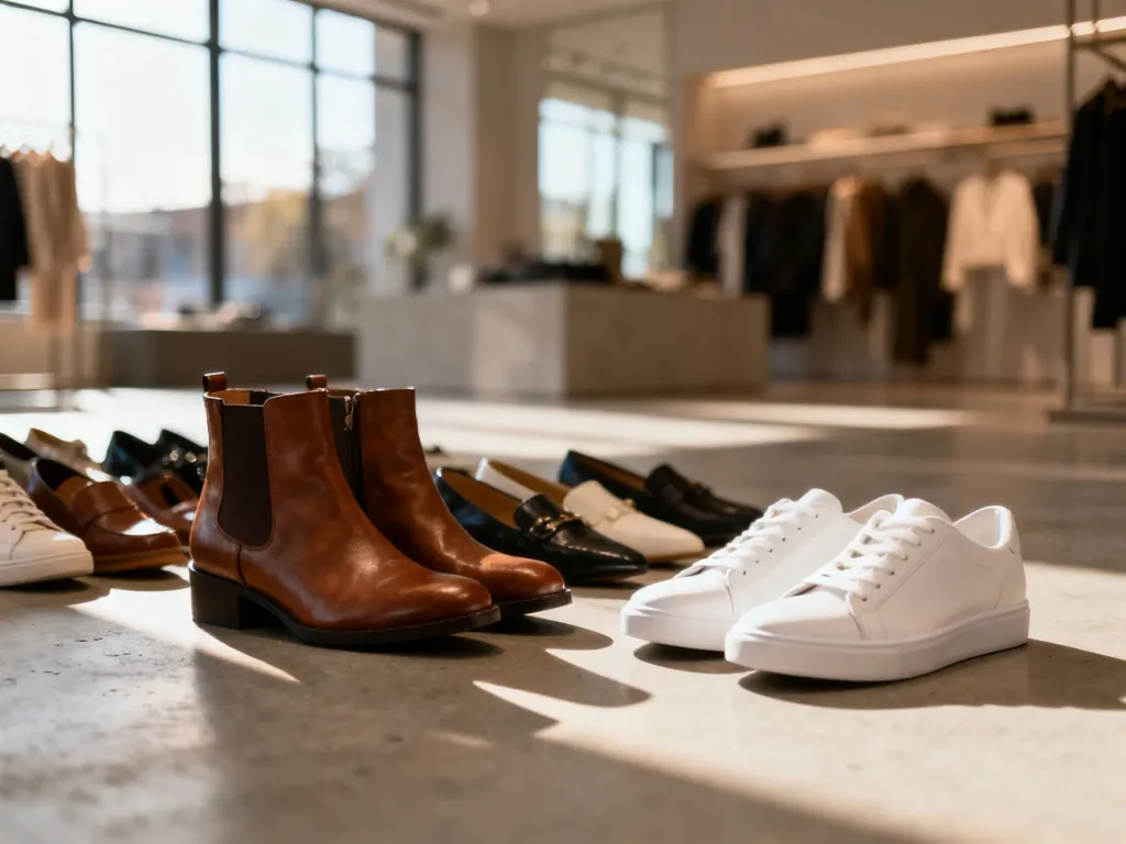 Różnorodne modele obuwia, w tym skórzane botki i białe sneakersy, wyeksponowane na betonowym podłożu w butiku.