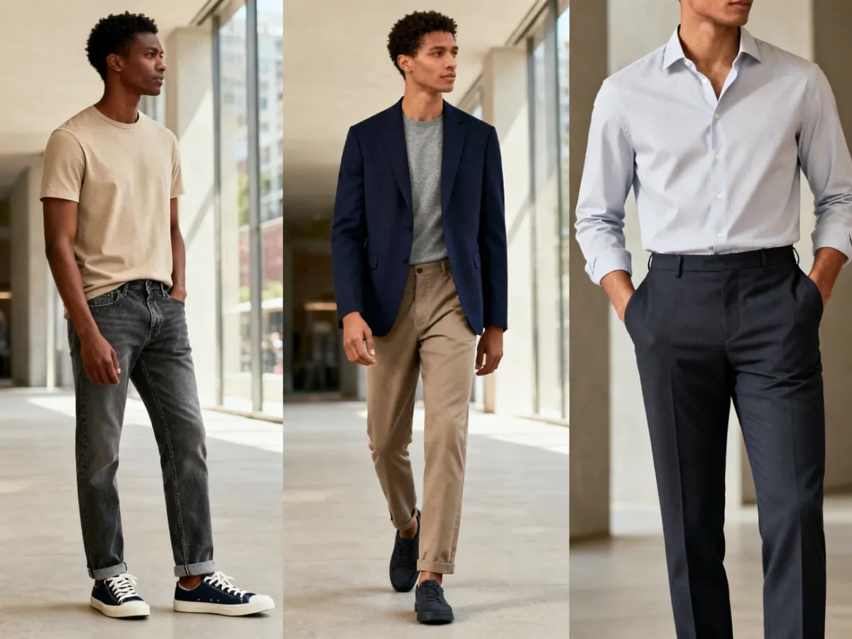 Porównanie stylizacji casual, smart casual i business casual