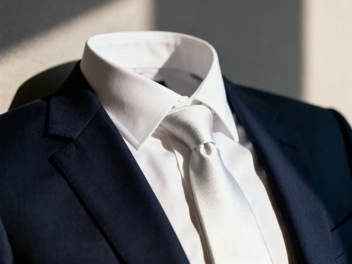 Elegancka biała koszula z jedwabnym krawatem i granatową marynarką, prezentująca klasyczny zestaw do garnituru.