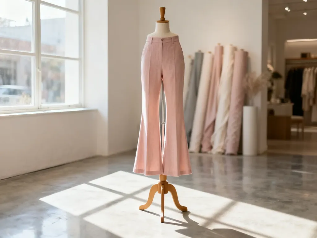Eleganckie spodnie dzwony w stylu vintage wyeksponowane na manekinie w jasnym, minimalistycznym wnętrzu butiku.