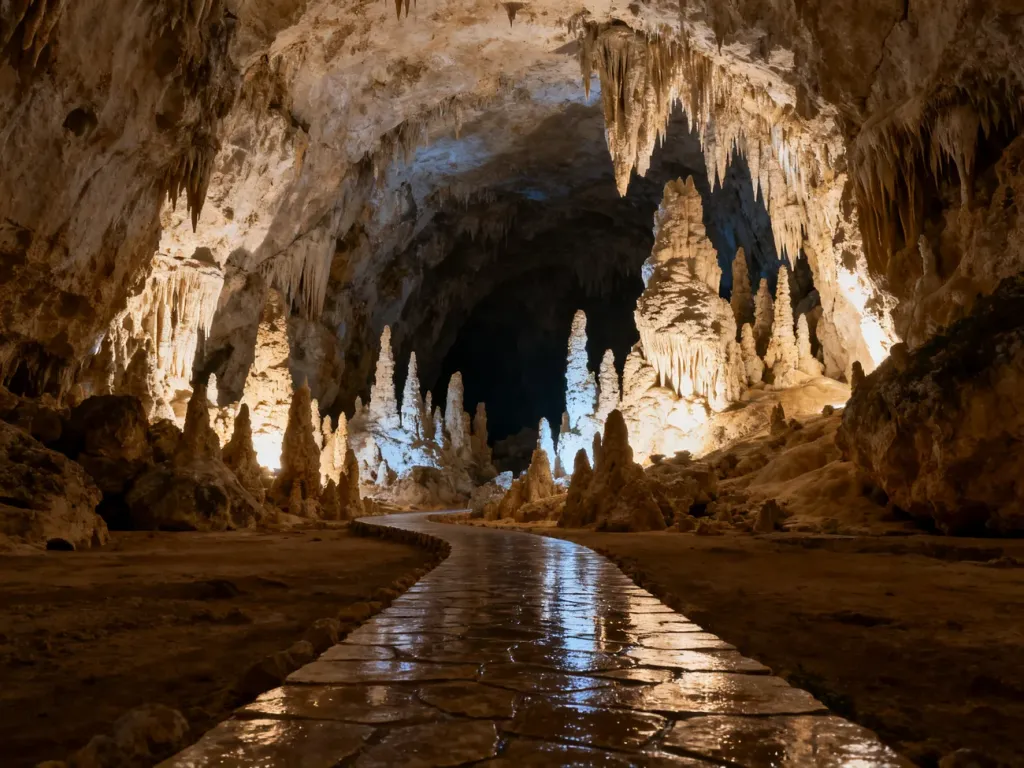 Oświetlona ścieżka prowadząca w głąb jaskini na Majorce, otoczona formacjami skalnymi, stalaktytami i stalagmitami.