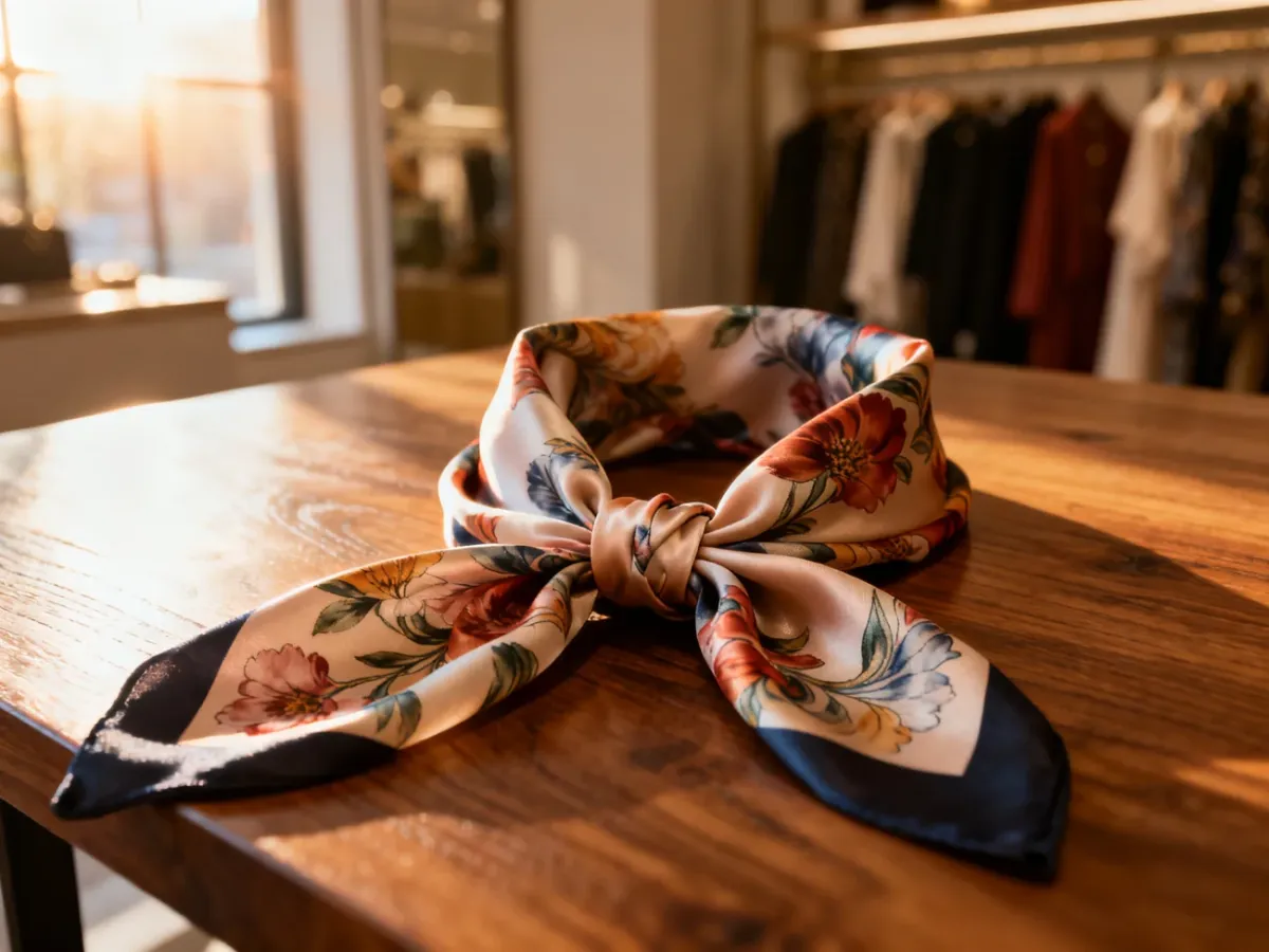 Elegancka jedwabna apaszka w kwiatowy wzór, zawiązana w ozdobny węzeł na drewnianym stole w słonecznym wnętrzu butiku.
