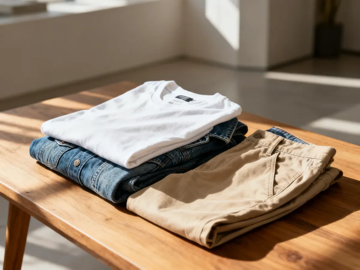 Starannie złożony zestaw ubrań w stylu casual: bawełniany t-shirt, jeansowa kurtka i beżowe chinosy na drewnianym blacie.