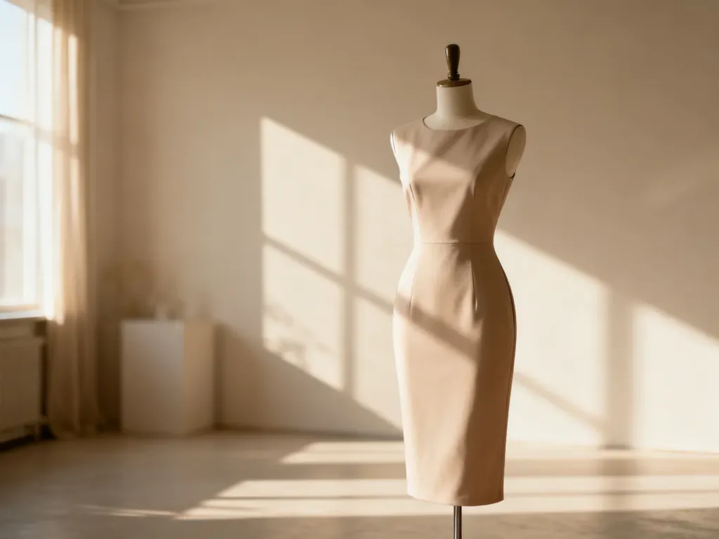 Elegancka sukienka ołówkowa na manekinie w minimalistycznym studiu, podkreślająca klasyczny krój podkreślający sylwetkę.