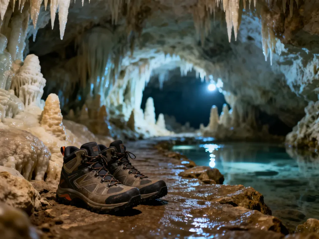 Wnętrze Jaskini Raj z widocznymi formacjami skalnymi i butami trekkingowymi na ścieżce, sugerującymi odpowiedni ubiór.