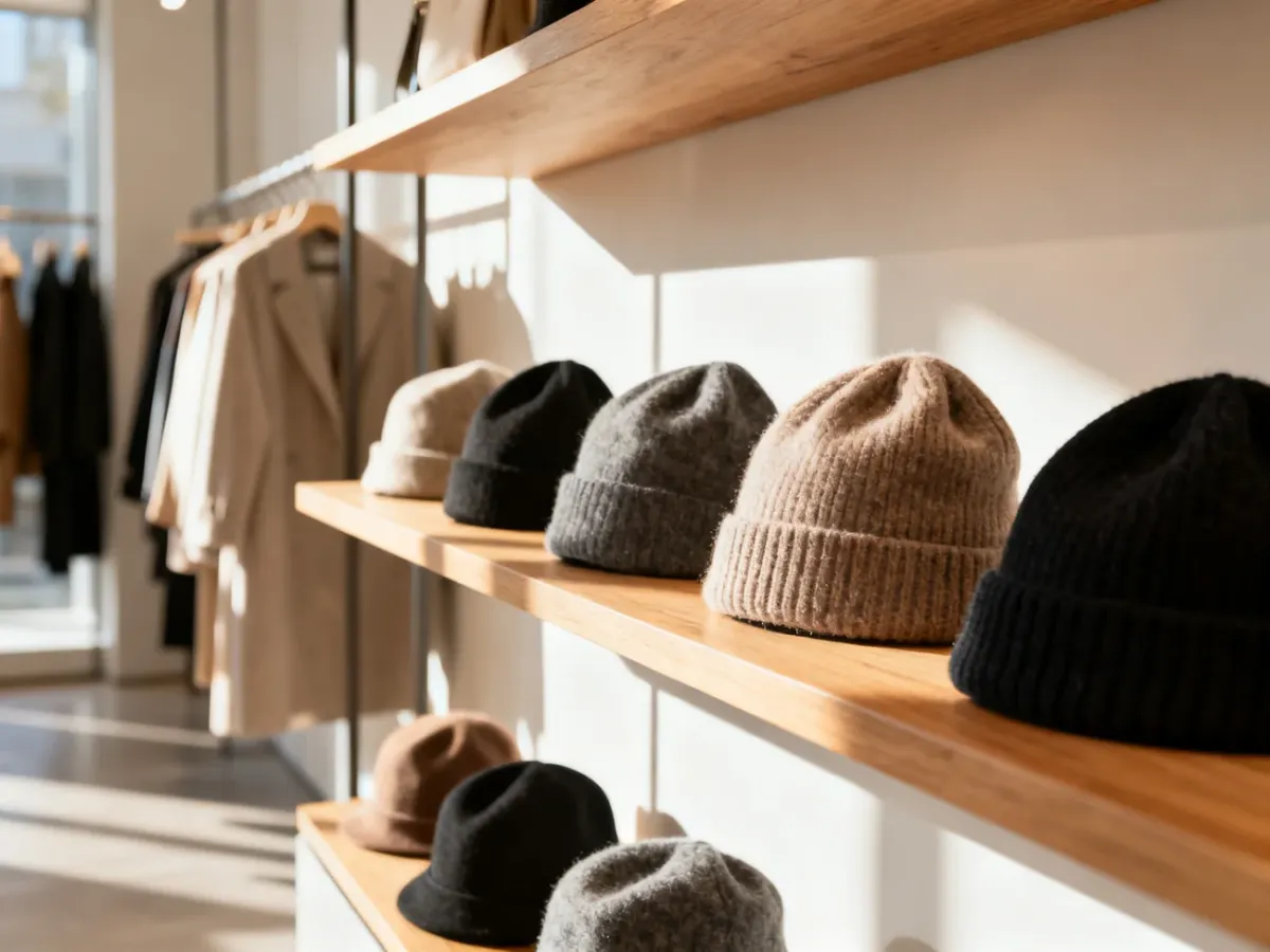 Różnorodne czapki zimowe i beanie starannie ułożone na drewnianej półce w nowoczesnym butiku.