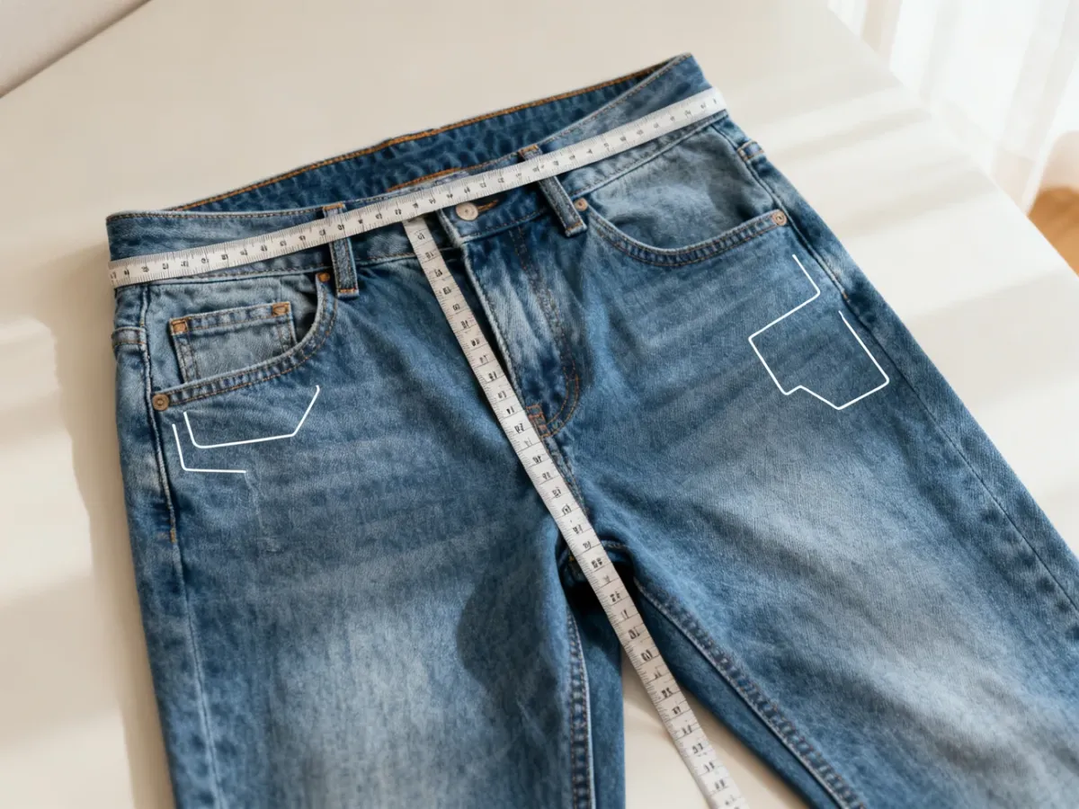 Jeans measured with a soft tape measure along the waist and inner leg