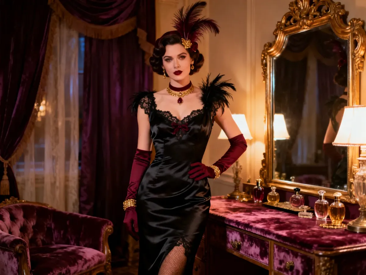 Elegancka stylizacja glamour inspirowana burleską w czerni, bordo i złocie