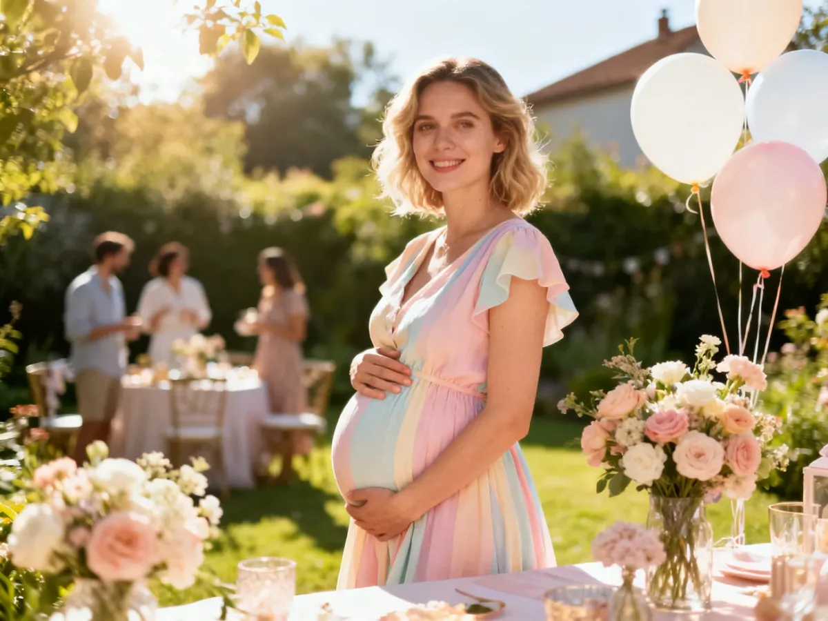 Ciężarna kobieta w pastelowej sukience na tle dekoracji ogrodowych, idealna inspiracja stylizacji na baby shower.