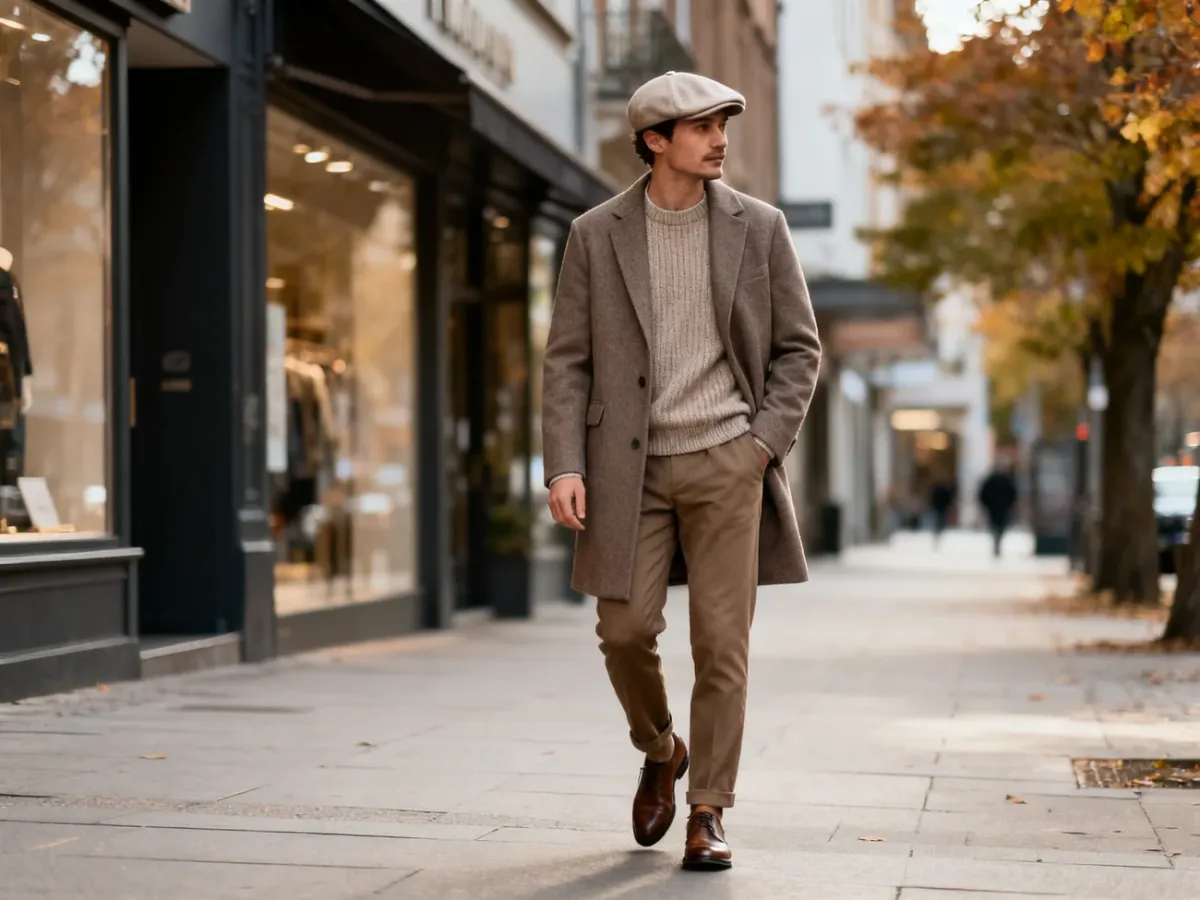 Mężczyzna w neutralnym kaszkiecie i współczesnej stylizacji smart casual