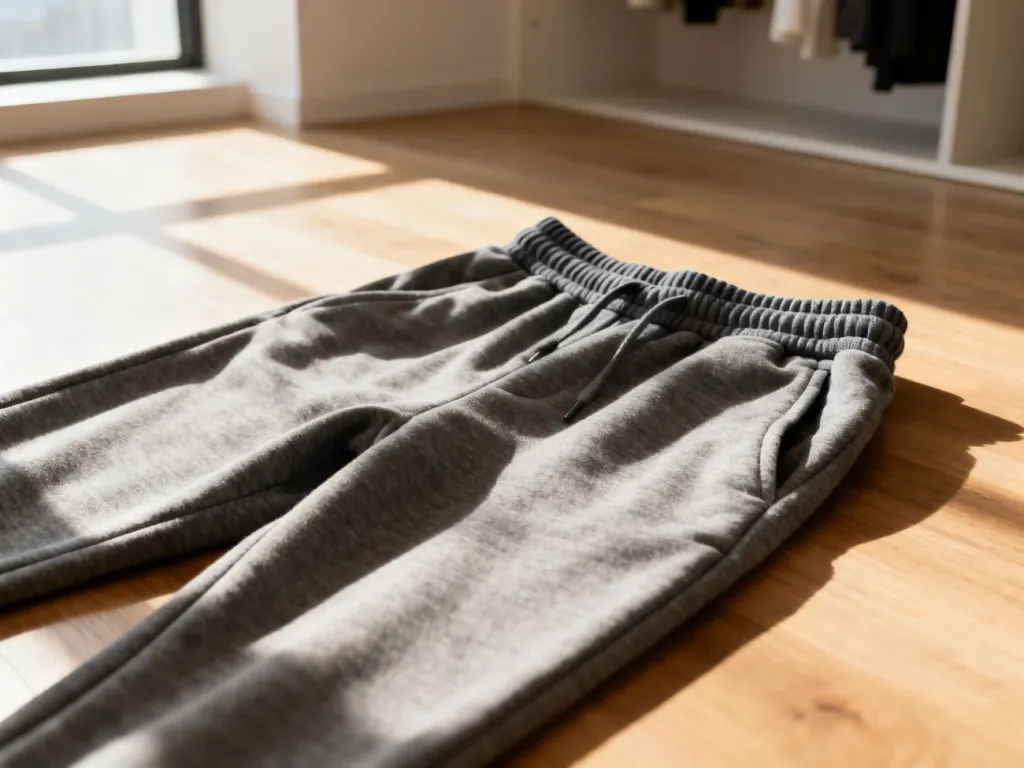 Stylowe joggery na drewnianej podłodze w minimalistycznej garderobie, podkreślające fakturę materiału i krój spodni.