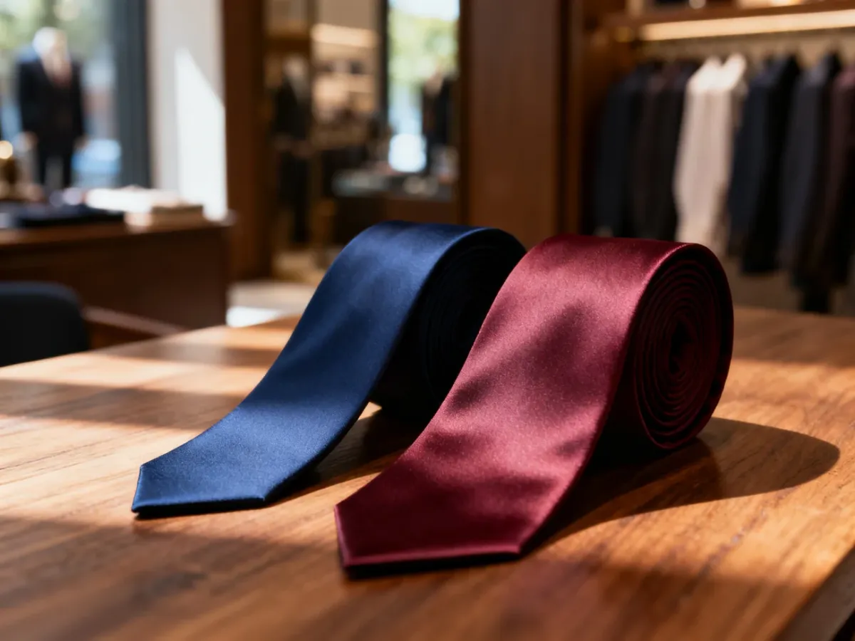 Elegancki granatowy wąski krawat obok klasycznego szerokiego modelu w kolorze burgundu na drewnianym stole.