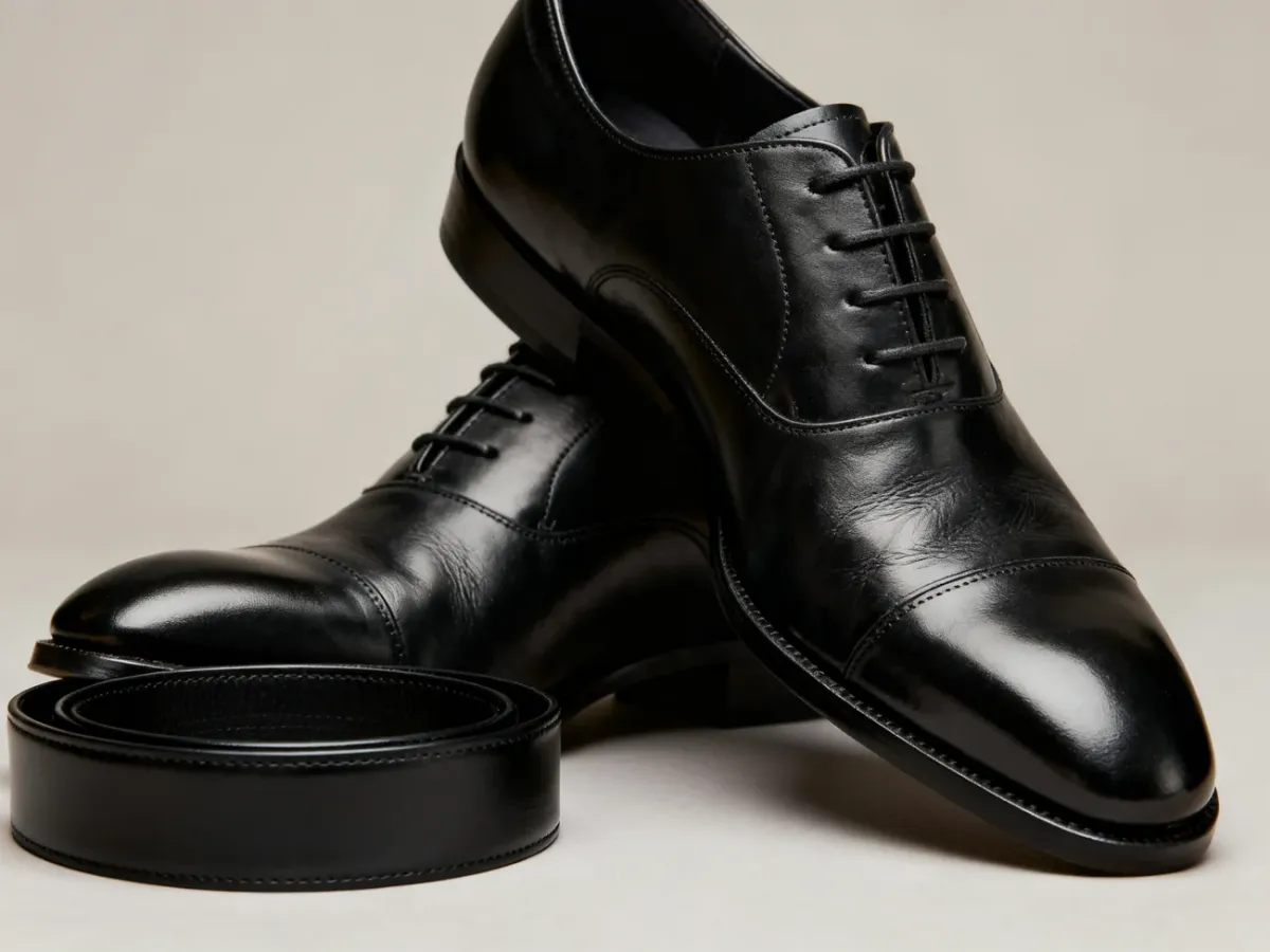 Czarne eleganckie buty i dopasowany pasek z gładkiej skóry