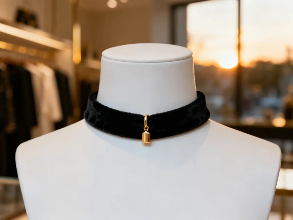 Elegancki czarny choker z aksamitu ze złotą zawieszką, prezentowany na minimalistycznym manekinie w butiku.
